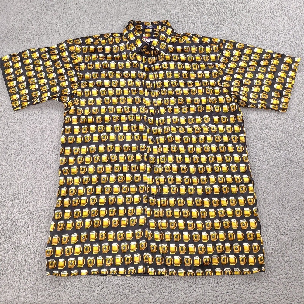 Bignd Collection Beer Mug Shirt Mens‎ Medium Black Gold Button Down Hawaiian